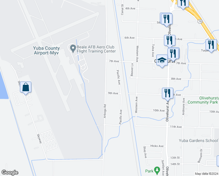 map of restaurants, bars, coffee shops, grocery stores, and more near 4803 Arboga Road in Olivehurst