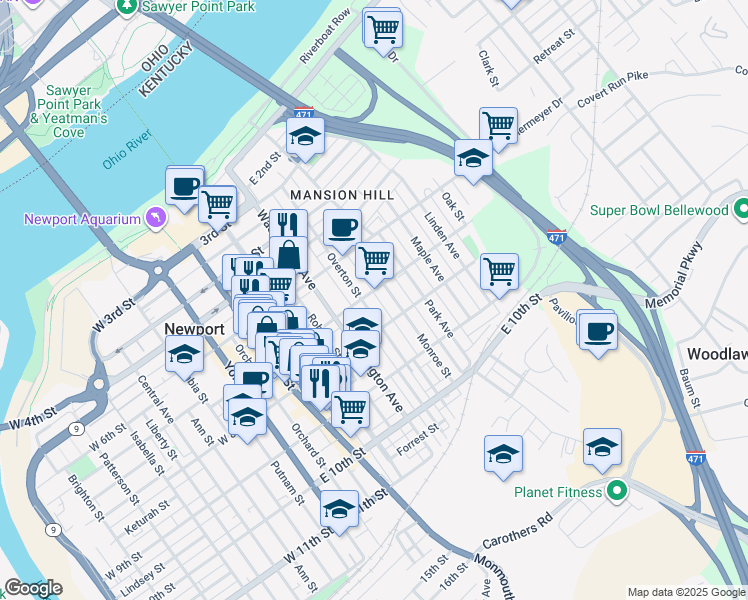map of restaurants, bars, coffee shops, grocery stores, and more near 701 Monroe Street in Newport
