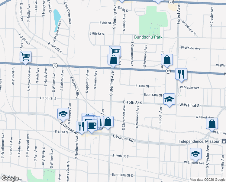 map of restaurants, bars, coffee shops, grocery stores, and more near 1320 South Sterling Avenue in Independence