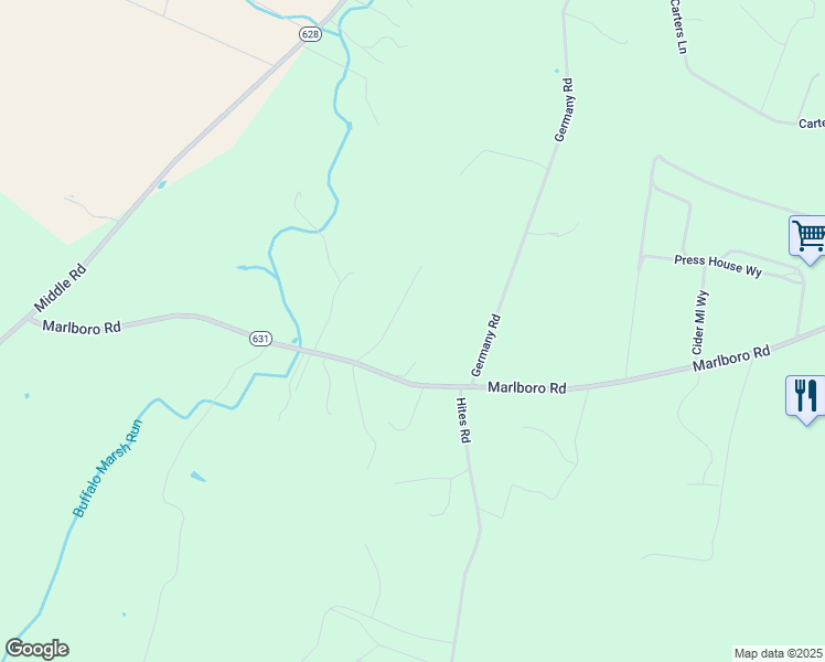 map of restaurants, bars, coffee shops, grocery stores, and more near 174 Oak Hill Drive in Stephens City