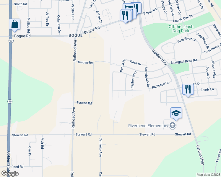 map of restaurants, bars, coffee shops, grocery stores, and more near 2348 Claremont Way in Yuba City