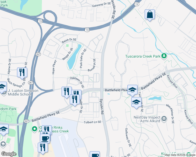 map of restaurants, bars, coffee shops, grocery stores, and more near 189 Great Laurel Square Southeast in Leesburg