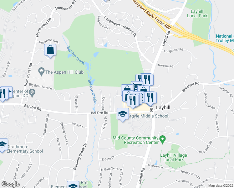 map of restaurants, bars, coffee shops, grocery stores, and more near 14425 Taos Court in Silver Spring