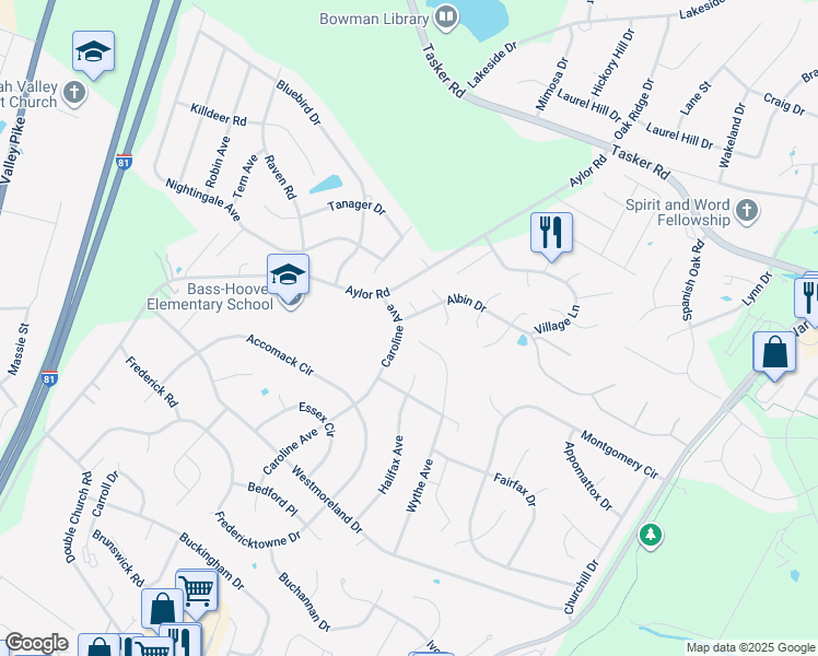 map of restaurants, bars, coffee shops, grocery stores, and more near 95 Caroline Avenue in Stephens City