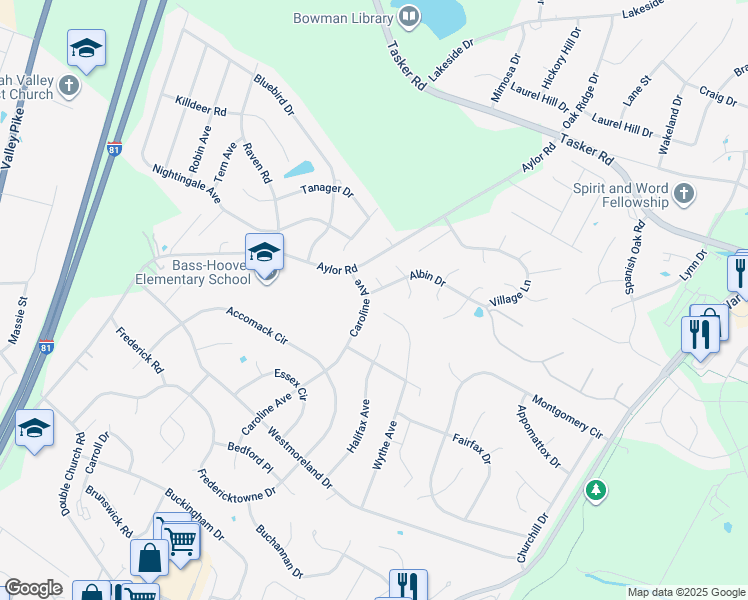 map of restaurants, bars, coffee shops, grocery stores, and more near 95 Caroline Avenue in Stephens City