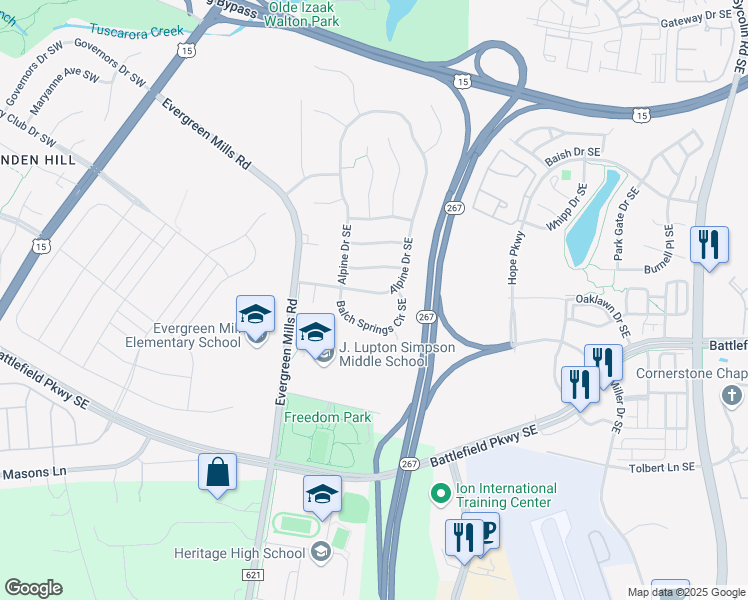 map of restaurants, bars, coffee shops, grocery stores, and more near 117 Alpine Drive Southeast in Leesburg