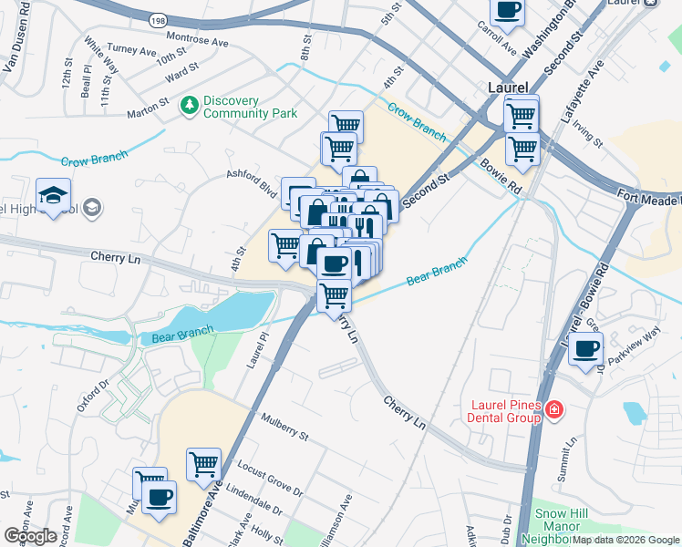 map of restaurants, bars, coffee shops, grocery stores, and more near U.S. Route 1 in Laurel