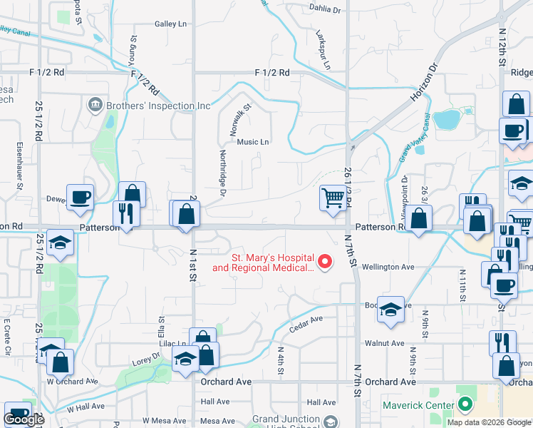 map of restaurants, bars, coffee shops, grocery stores, and more near 2626 Patterson Road in Grand Junction