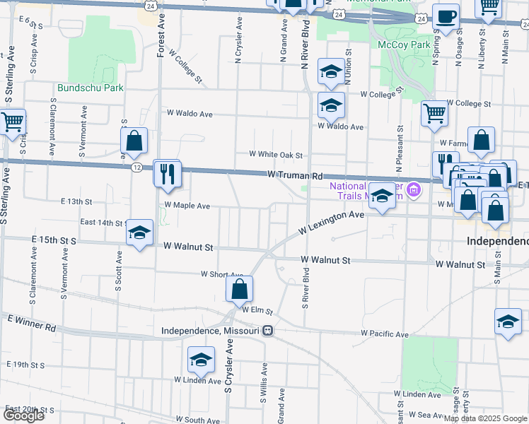 map of restaurants, bars, coffee shops, grocery stores, and more near 101 South Willis Avenue in Independence