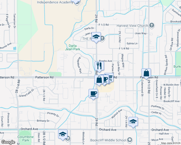map of restaurants, bars, coffee shops, grocery stores, and more near 2723 Indian Washington Circle in Grand Junction