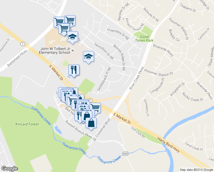map of restaurants, bars, coffee shops, grocery stores, and more near 814 Bow Lake Place Northeast in Leesburg