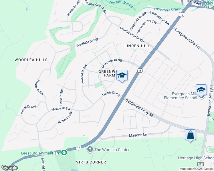 map of restaurants, bars, coffee shops, grocery stores, and more near 247 Connery Terrace Southwest in Leesburg