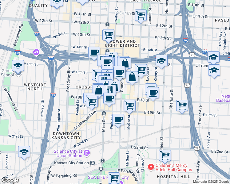map of restaurants, bars, coffee shops, grocery stores, and more near 1723 Walnut Street in Kansas City