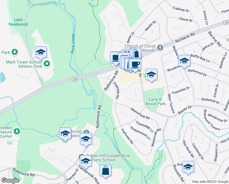 map of restaurants, bars, coffee shops, grocery stores, and more near 14424 Parkvale Road in Rockville