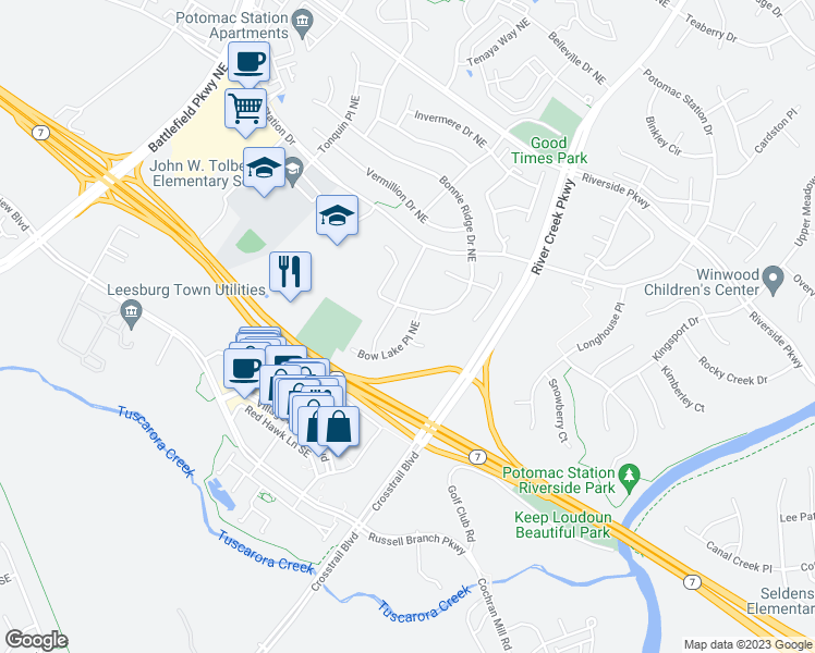 map of restaurants, bars, coffee shops, grocery stores, and more near 814 Bow Lake Place Northeast in Leesburg