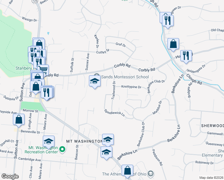 map of restaurants, bars, coffee shops, grocery stores, and more near 2133 Trailwood Drive in Cincinnati