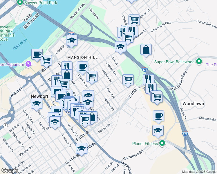 map of restaurants, bars, coffee shops, grocery stores, and more near 719 Park Avenue in Newport