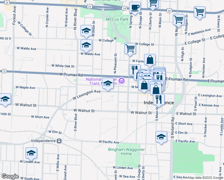 map of restaurants, bars, coffee shops, grocery stores, and more near 520 West Maple Avenue in Independence