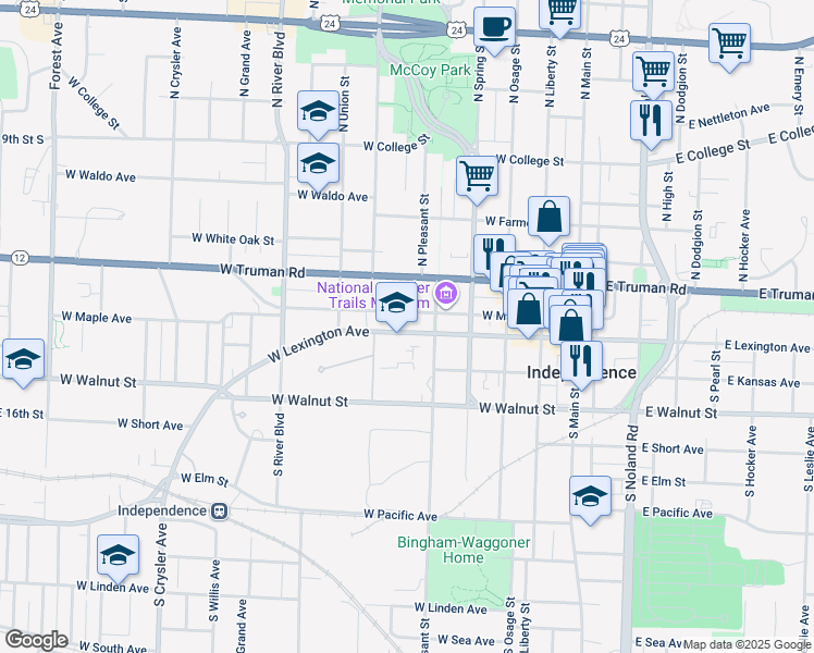 map of restaurants, bars, coffee shops, grocery stores, and more near 520 West Maple Avenue in Independence