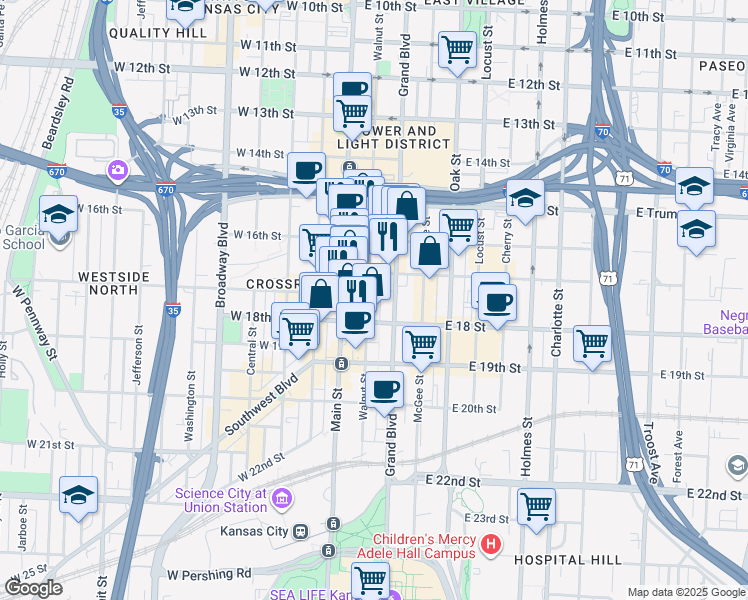map of restaurants, bars, coffee shops, grocery stores, and more near 1710 Walnut Street in Kansas City