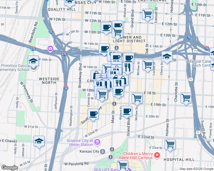 map of restaurants, bars, coffee shops, grocery stores, and more near 1710 Main Street in Kansas City