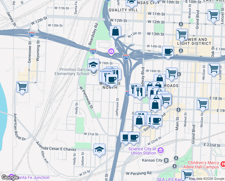 map of restaurants, bars, coffee shops, grocery stores, and more near 1700 Summit Street in Kansas City