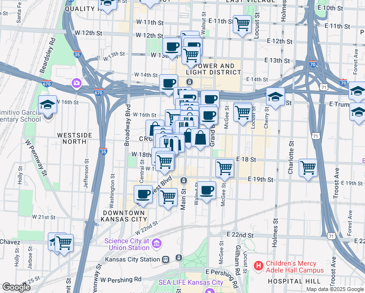 map of restaurants, bars, coffee shops, grocery stores, and more near 1710 Main Street in Kansas City