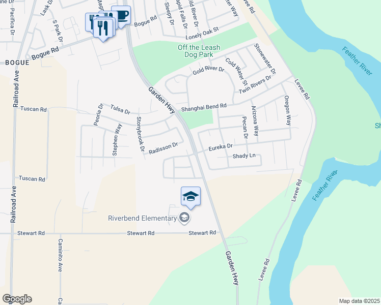 map of restaurants, bars, coffee shops, grocery stores, and more near 510 Radisson Drive in Yuba City