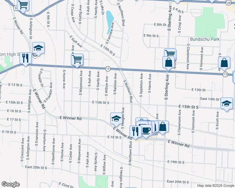 map of restaurants, bars, coffee shops, grocery stores, and more near 1406 South Hedges Avenue in Independence