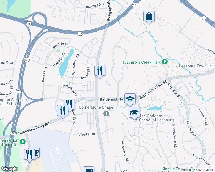 map of restaurants, bars, coffee shops, grocery stores, and more near 513 Breckinridge Square Southeast in Leesburg