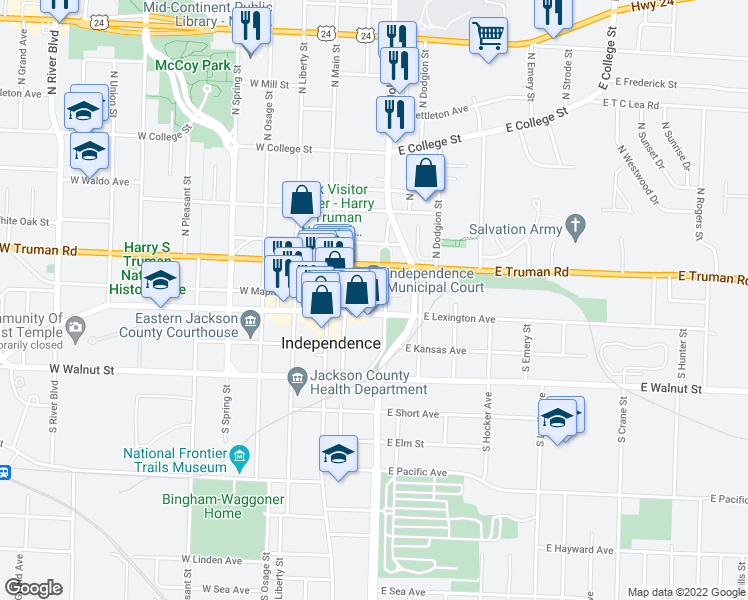 map of restaurants, bars, coffee shops, grocery stores, and more near 111 East Maple Avenue in Independence
