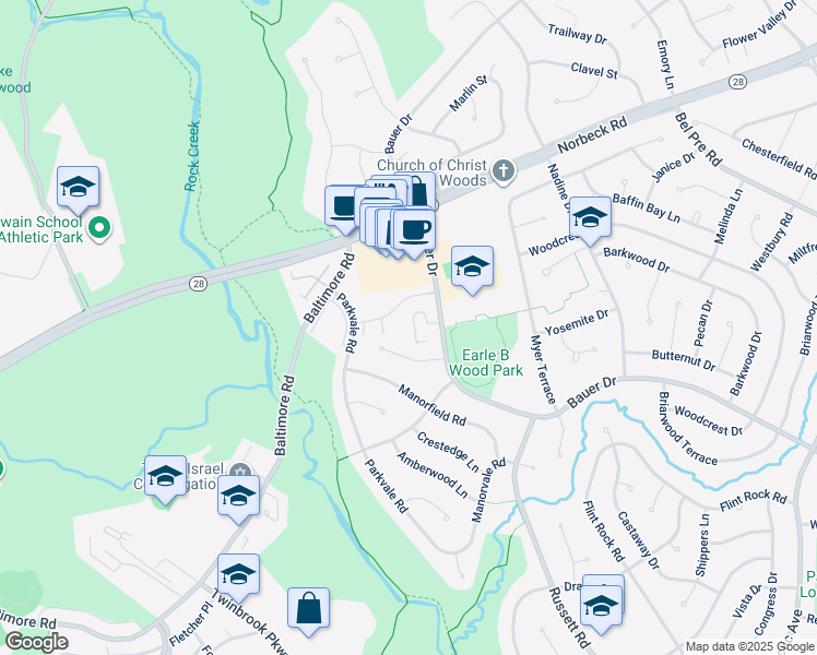 map of restaurants, bars, coffee shops, grocery stores, and more near 14628 Bauer Drive in Rockville