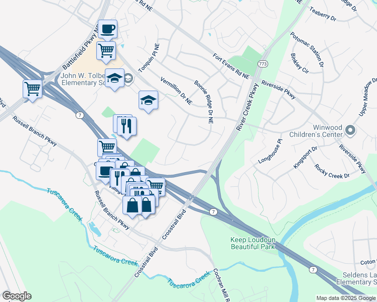 map of restaurants, bars, coffee shops, grocery stores, and more near 813 Bow Lake Place Northeast in Leesburg