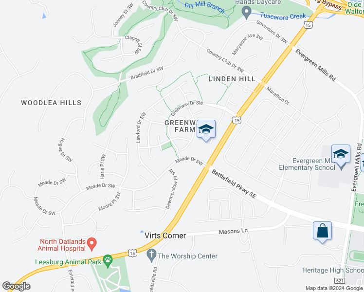 map of restaurants, bars, coffee shops, grocery stores, and more near 243 Connery Terrace Southwest in Leesburg