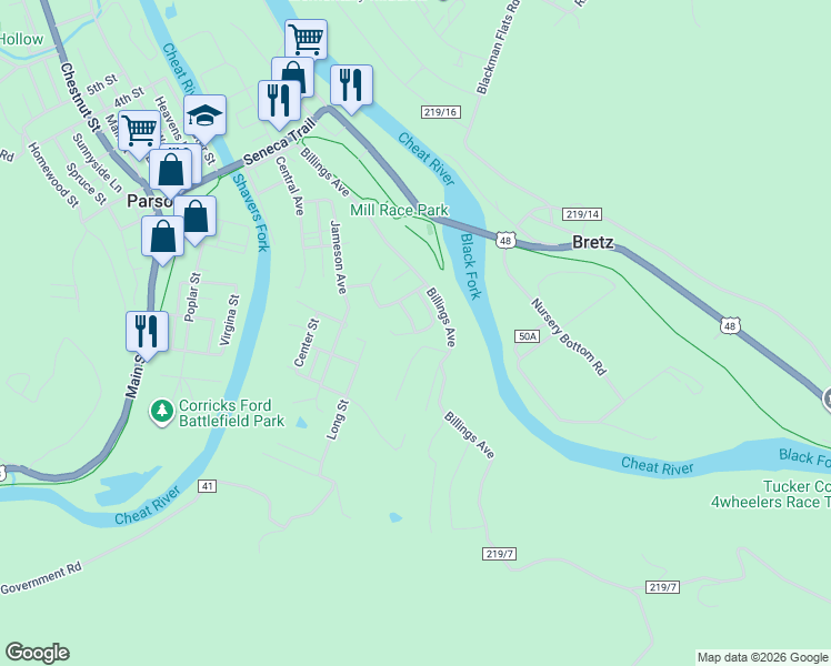 map of restaurants, bars, coffee shops, grocery stores, and more near 35 Overlook Drive in Parsons