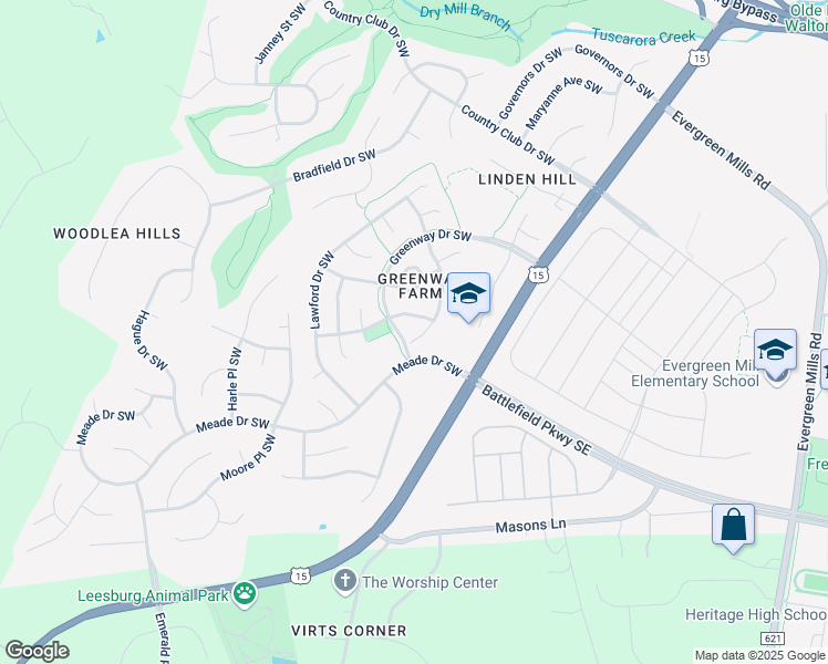 map of restaurants, bars, coffee shops, grocery stores, and more near 243 Connery Terrace Southwest in Leesburg