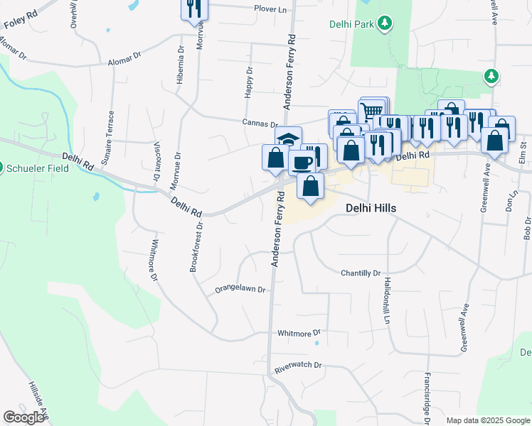 map of restaurants, bars, coffee shops, grocery stores, and more near 5329 Delhi Pike in Cincinnati