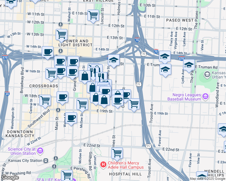 map of restaurants, bars, coffee shops, grocery stores, and more near 1711 Cherry Street in Kansas City