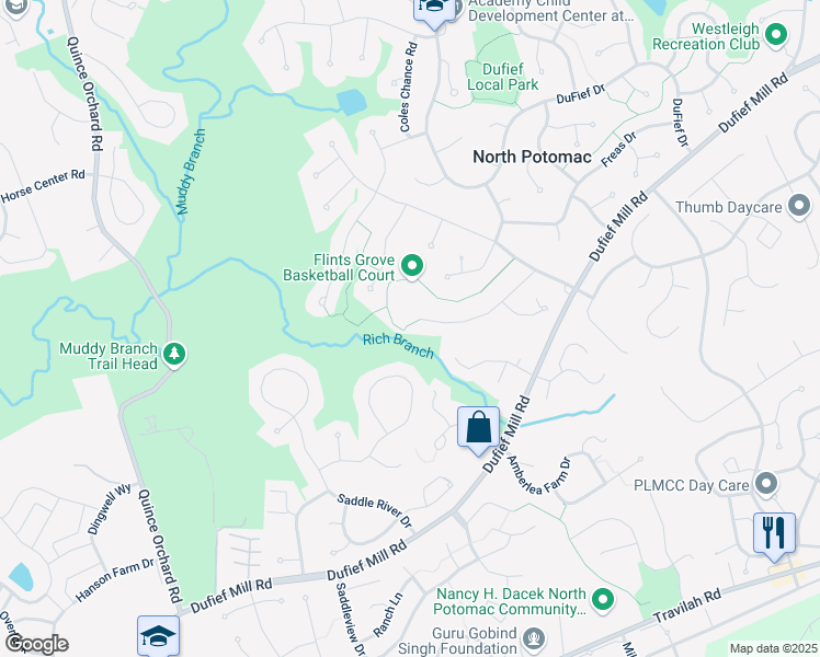 map of restaurants, bars, coffee shops, grocery stores, and more near 14301 Rich Branch Drive in North Potomac