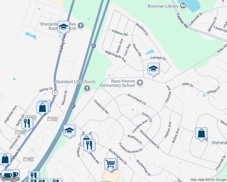 map of restaurants, bars, coffee shops, grocery stores, and more near 102 Craig Court in Stephens City