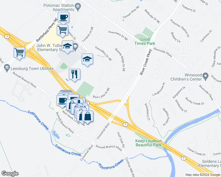 map of restaurants, bars, coffee shops, grocery stores, and more near 813 Bow Lake Place Northeast in Leesburg