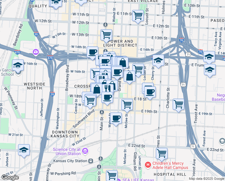 map of restaurants, bars, coffee shops, grocery stores, and more near 1710 Walnut Street in Kansas City