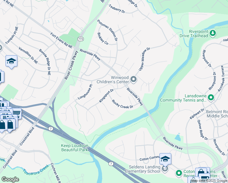 map of restaurants, bars, coffee shops, grocery stores, and more near 43095 Kingsport Drive in Leesburg