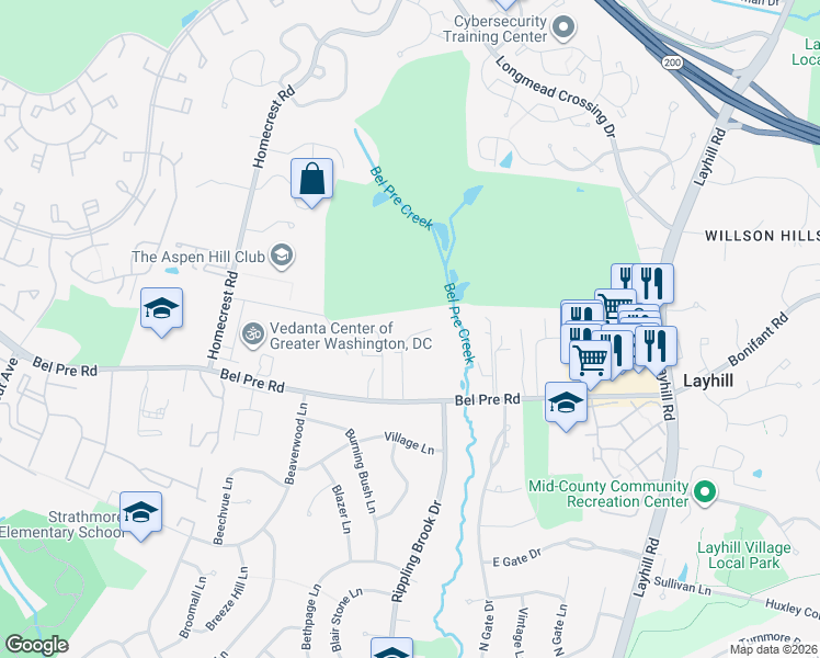 map of restaurants, bars, coffee shops, grocery stores, and more near 14414 Big Bear Court in Silver Spring