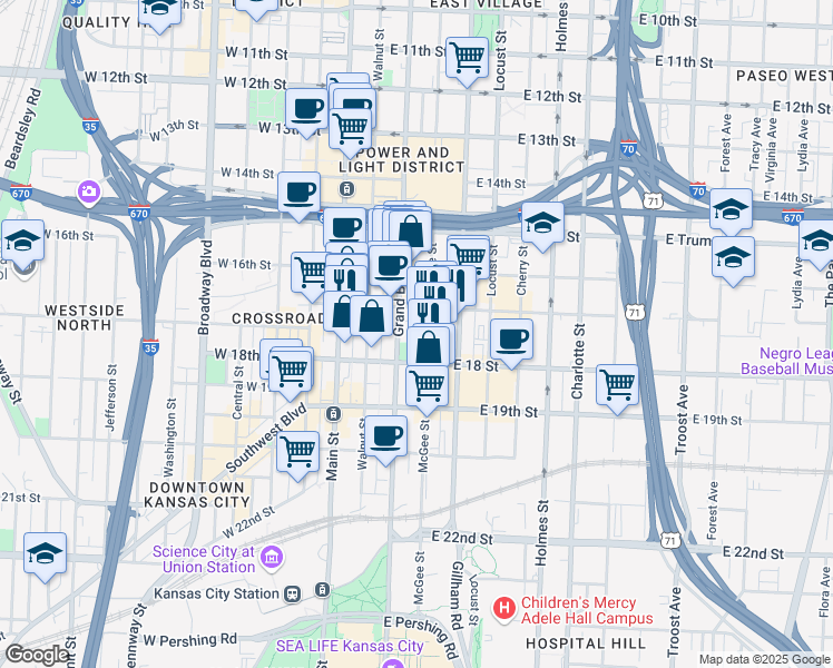 map of restaurants, bars, coffee shops, grocery stores, and more near 1721 Grand Boulevard in Kansas City