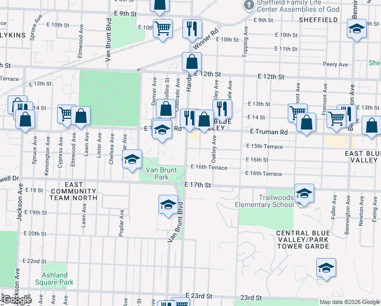 map of restaurants, bars, coffee shops, grocery stores, and more near 1605 Hardesty Avenue in Kansas City