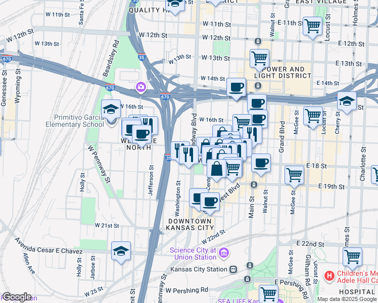 map of restaurants, bars, coffee shops, grocery stores, and more near 1701 Broadway Boulevard in Kansas City