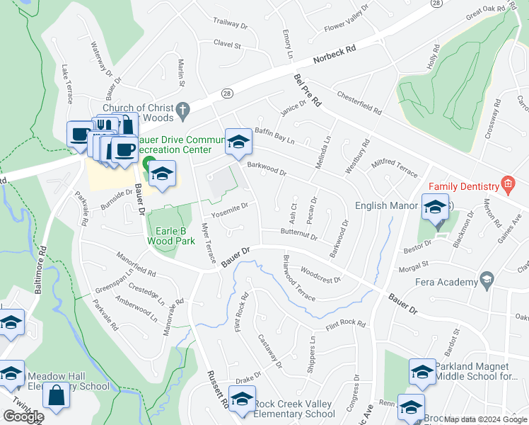 map of restaurants, bars, coffee shops, grocery stores, and more near 14405 Nadine Drive in Rockville