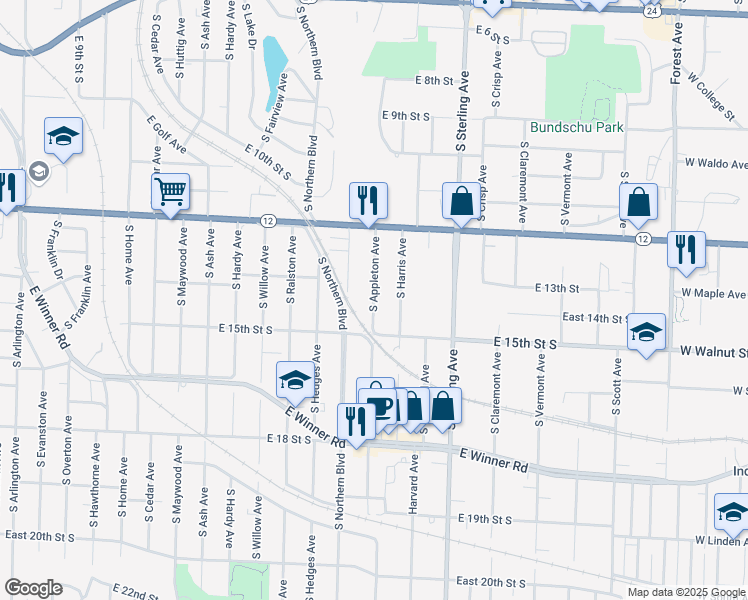 map of restaurants, bars, coffee shops, grocery stores, and more near 1405 South Appleton Avenue in Independence