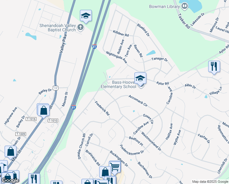 map of restaurants, bars, coffee shops, grocery stores, and more near 102 Craig Court in Stephens City